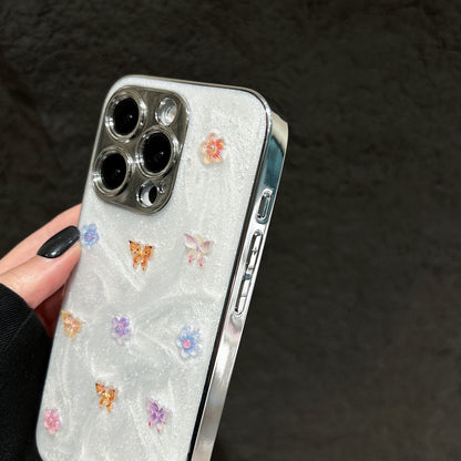 Elegant Glitter Butterfly Phone Case – White Pearl Shine with Floral Embellishments