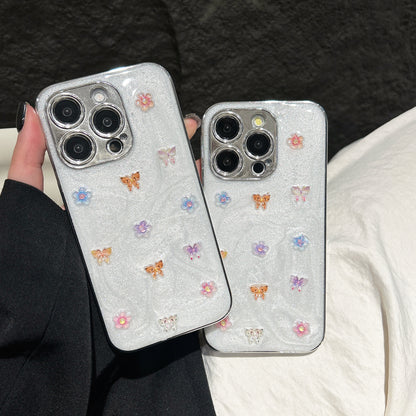 Elegant Glitter Butterfly Phone Case – White Pearl Shine with Floral Embellishments