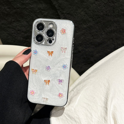 Elegant Glitter Butterfly Phone Case – White Pearl Shine with Floral Embellishments