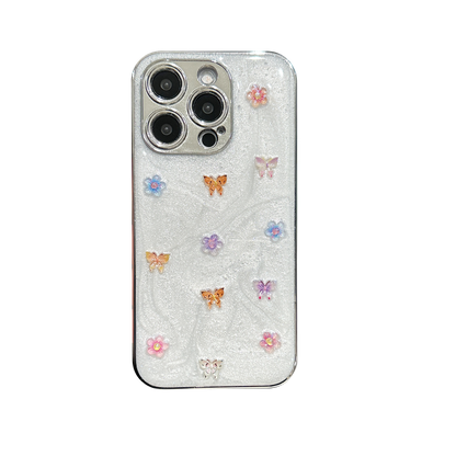 Elegant Glitter Butterfly Phone Case – White Pearl Shine with Floral Embellishments