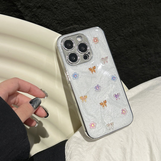 Elegant Glitter Butterfly Phone Case – White Pearl Shine with Floral Embellishments