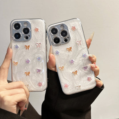 Elegant Glitter Butterfly Phone Case – White Pearl Shine with Floral Embellishments