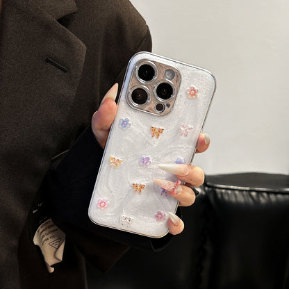 Elegant Glitter Butterfly Phone Case – White Pearl Shine with Floral Embellishments