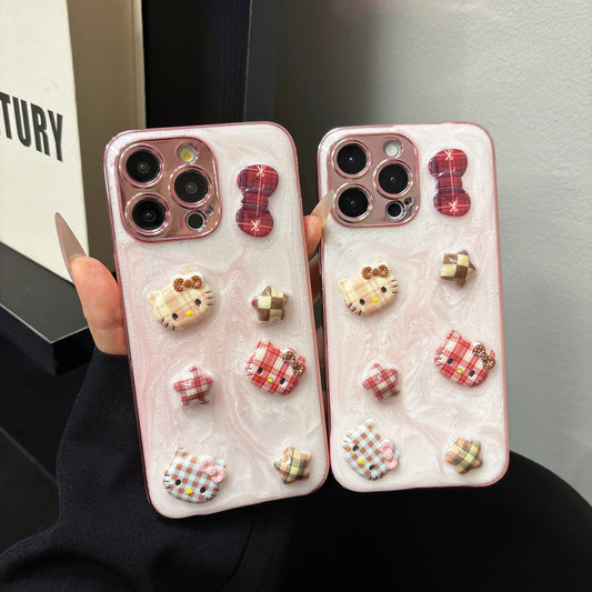 3D Hello Kitty Tartan iPhone Case – Soft Pink with Cute Bow Accents