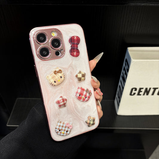 3D Hello Kitty Tartan iPhone Case – Soft Pink with Cute Bow Accents