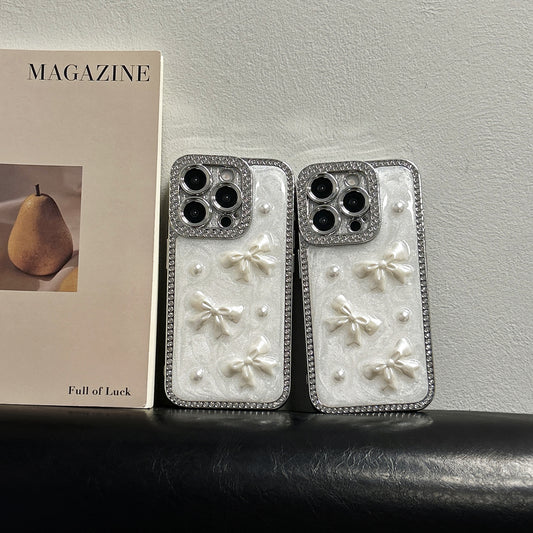 Pearl Bow iPhone Case – Diamond-Studded Design with Glossy Finish, Elegant Pearl Detailing, Luxury Protective Case for iPhone 16/15/14/13, Perfect Gift for Her