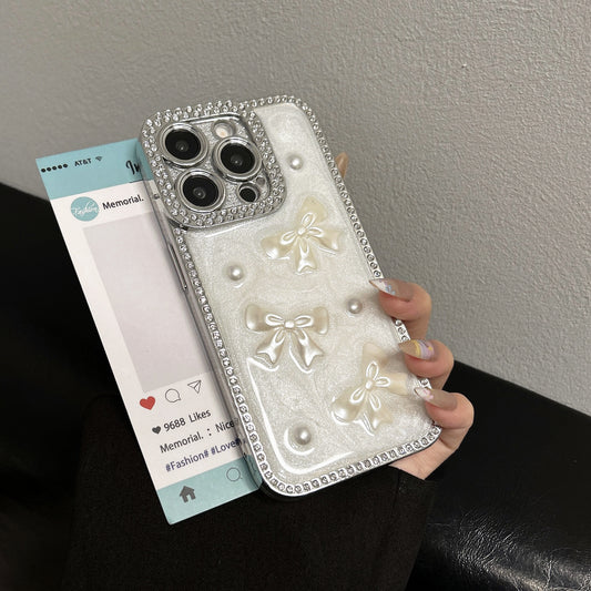 Pearl Bow iPhone Case – Diamond-Studded Design with Glossy Finish, Elegant Pearl Detailing, Luxury Protective Case for iPhone 16/15/14/13, Perfect Gift for Her