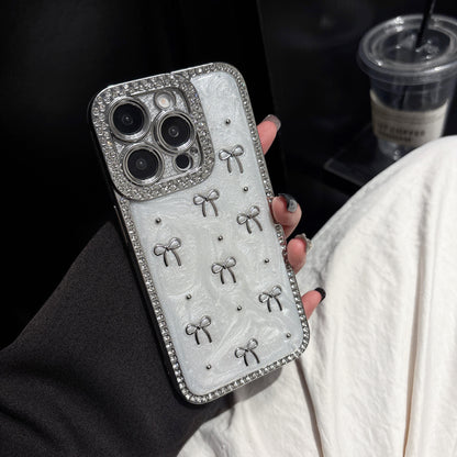 Crystal Bow iPhone Case – Diamond-Studded Design with Elegant Ribbon Motif, Glossy Finish, Perfect for iPhone 16/15/14/13, Fashionable and Protective Gift for Her