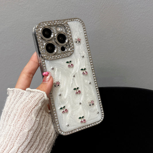 Girly Hello Kitty Crystal Phone Case – Sparkle Cherry Design with Kitty Face Accent