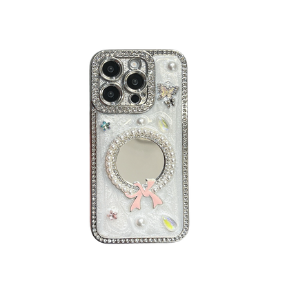 Pearl Bow iPhone Case – Mirror Design with Pink Bow, Butterfly, and Crystal Accents, Glossy Finish, Luxury Case for iPhone 16/15/14/13, Perfect Gift for Her
