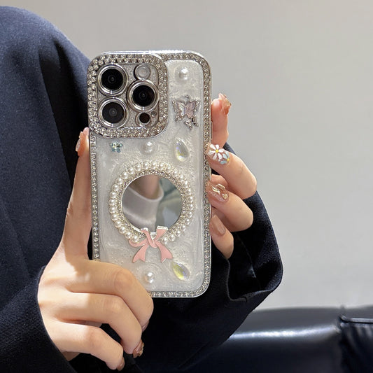 Pearl Bow iPhone Case – Mirror Design with Pink Bow, Butterfly, and Crystal Accents, Glossy Finish, Luxury Case for iPhone 16/15/14/13, Perfect Gift for Her