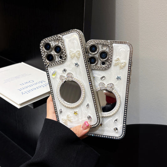 Glamorous Crystal Bow iPhone Case – Mirror Design with Sparkling Diamond and Pearl Accents, Luxurious Glossy Finish, Elegant Butterfly and Jewel Embellishments for iPhone 14/13/12, Perfect Gift for Her