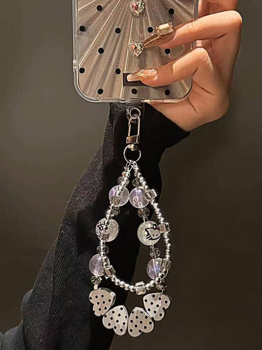 Crystal Polka Dot Heart Beaded Handheld Chain, Universally Compatible with All Phone Case Models. Portable Lanyard, Exuding Both Cuteness and a Sophisticated American Aesthetic