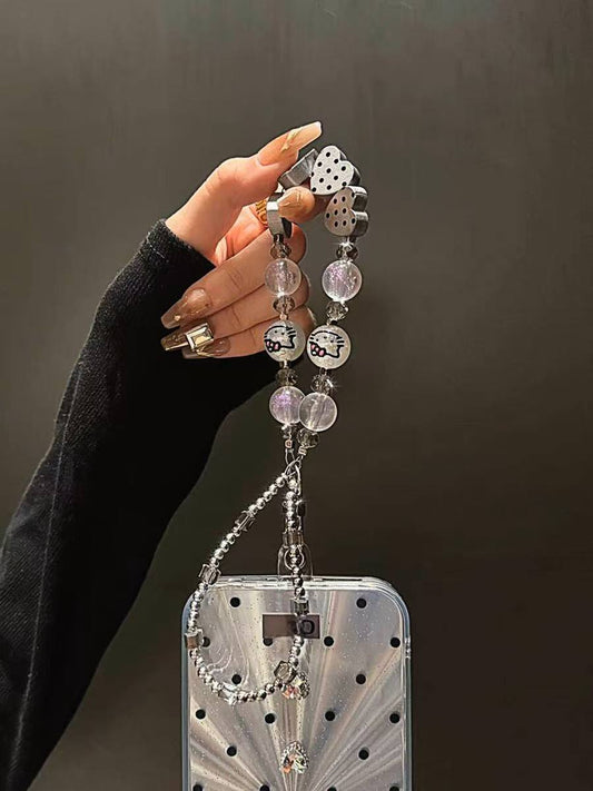 Crystal Polka Dot Heart Beaded Handheld Chain, Universally Compatible with All Phone Case Models. Portable Lanyard, Exuding Both Cuteness and a Sophisticated American Aesthetic