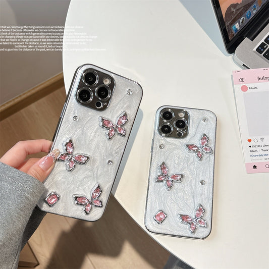 Elegant Pink Butterfly Crystal Phone Case for iPhone – Shimmering Glitter Back, 3D Gemstone Embellishments & Shockproof