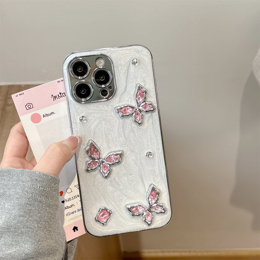 Elegant Pink Butterfly Crystal Phone Case for iPhone – Shimmering Glitter Back, 3D Gemstone Embellishments & Shockproof