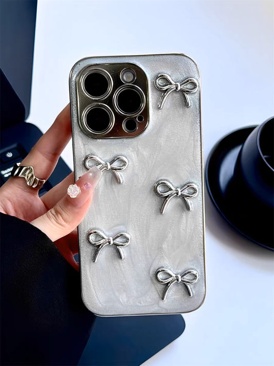 Elegant Girly iPhone Case – Soft Pearl White with Classy Bows