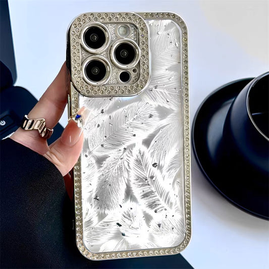 Luxury Feather Texture iPhone Case with Rhinestone Frame, Glitter Sparkle, Shockproof & Slim Design – Perfect Gift for Women