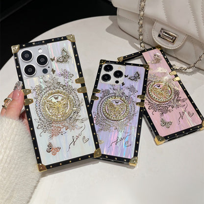 Vintage Butterfly iPhone Case with 3D Embellishments – Elegant Floral Design with Gold Stud Frame
