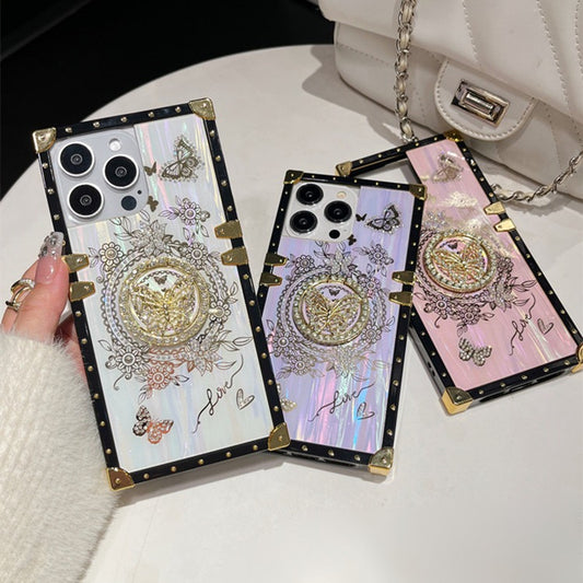 Vintage Butterfly iPhone Case with 3D Embellishments – Elegant Floral Design with Gold Stud Frame