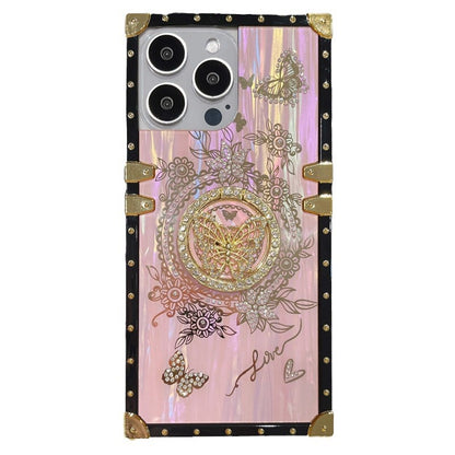 Vintage Butterfly iPhone Case with 3D Embellishments – Elegant Floral Design with Gold Stud Frame