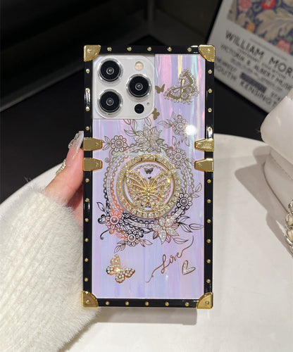Vintage Butterfly iPhone Case with 3D Embellishments – Elegant Floral Design with Gold Stud Frame