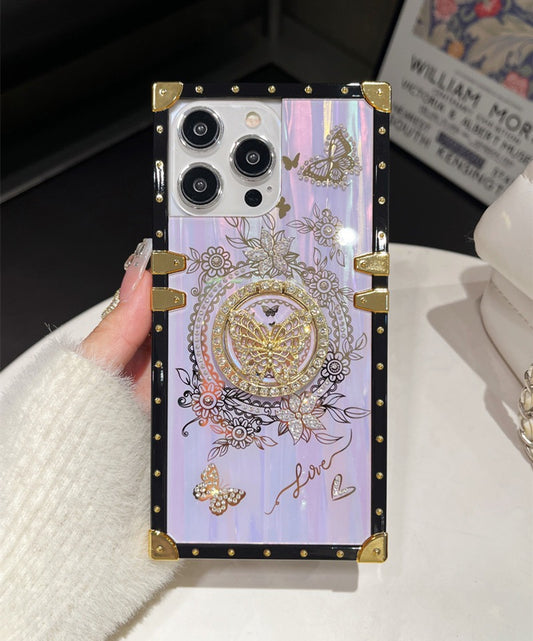 Vintage Butterfly iPhone Case with 3D Embellishments – Elegant Floral Design with Gold Stud Frame