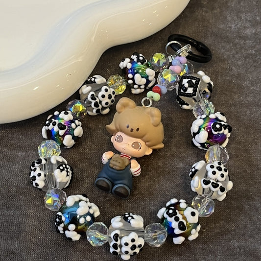 Dimoo Handmade Beaded Phone Strap – Kawaii Galaxy Doll Charm with Black & White Glass Beads – Cute Keychain, Bag Accessory & Toy Gift