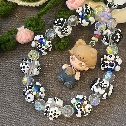 Dimoo Handmade Beaded Phone Strap – Kawaii Galaxy Doll Charm with Black & White Glass Beads – Cute Keychain, Bag Accessory & Toy Gift