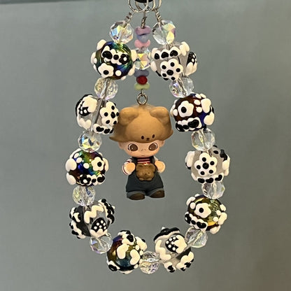 Dimoo Handmade Beaded Phone Strap – Kawaii Galaxy Doll Charm with Black & White Glass Beads – Cute Keychain, Bag Accessory & Toy Gift