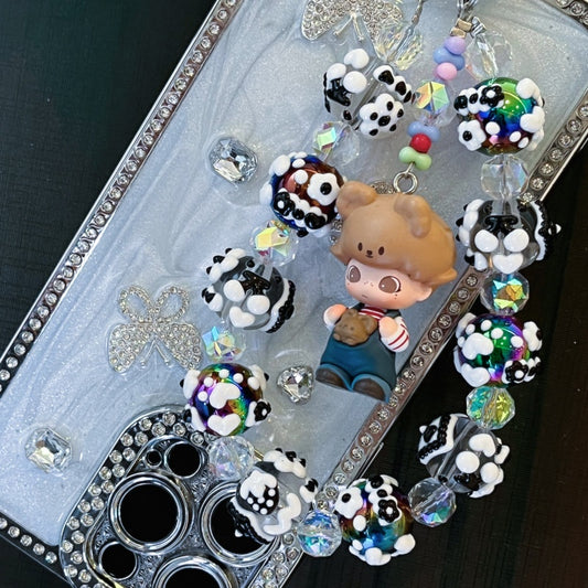 Dimoo Handmade Beaded Phone Strap – Kawaii Galaxy Doll Charm with Black & White Glass Beads – Cute Keychain, Bag Accessory & Toy Gift