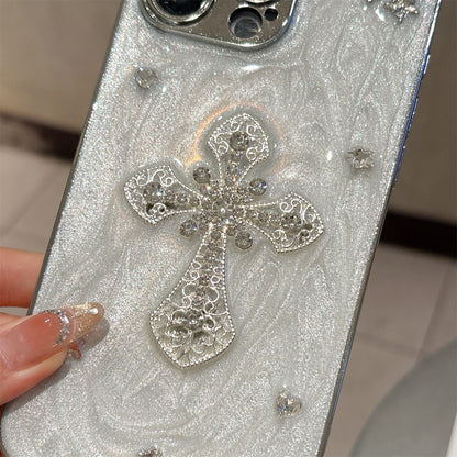 Gothic Angel Cross iPhone Case – Pearl Texture with 3D Crystal Accents