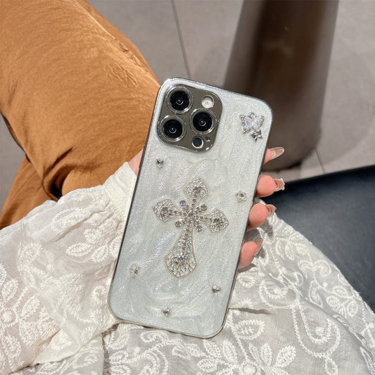 Gothic Angel Cross iPhone Case – Pearl Texture with 3D Crystal Accents