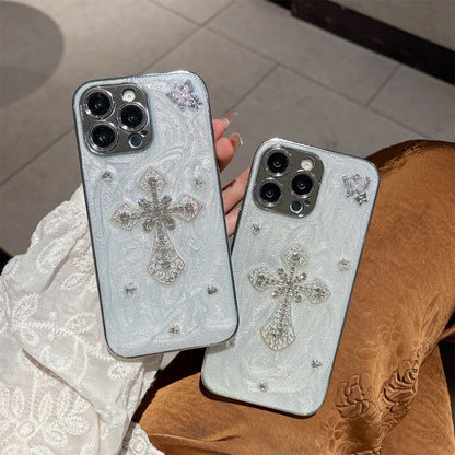 Gothic Angel Cross iPhone Case – Pearl Texture with 3D Crystal Accents