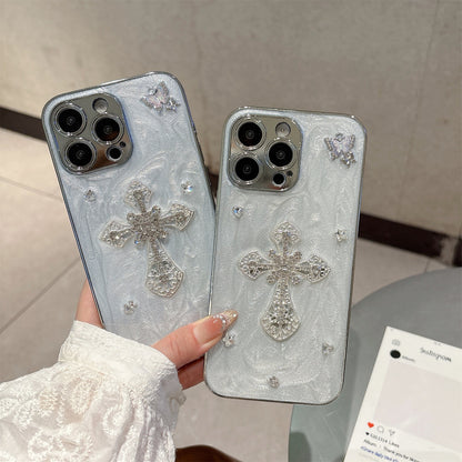 Gothic Angel Cross iPhone Case – Pearl Texture with 3D Crystal Accents