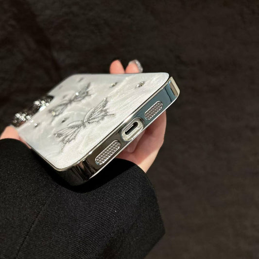 Minimalist Silver Butterfly Bling Case for iPhone – Glittery Finish with Crystal Embellishments