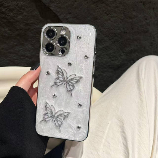 Minimalist Silver Butterfly Bling Case for iPhone – Glittery Finish with Crystal Embellishments