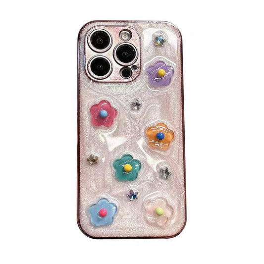 Pastel Blossom Phone Case – 3D Flowers & Glitter Shine for iPhone