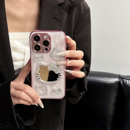 Sparkly 3D Kitty Mirror Phone Case – Glitter Bling Rhinestone Protective Cover for iPhone – Cute Pink Cat Design for Girls & Teens