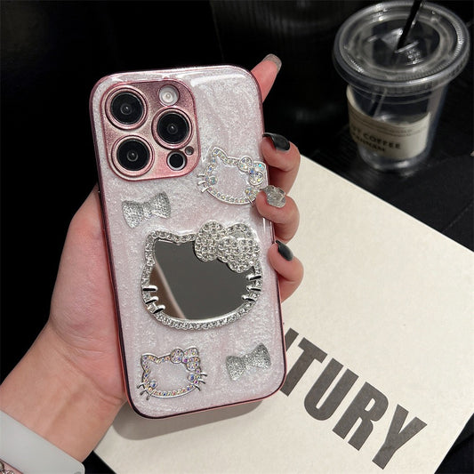 Sparkly 3D Kitty Mirror Phone Case – Glitter Bling Rhinestone Protective Cover for iPhone – Cute Pink Cat Design for Girls & Teens