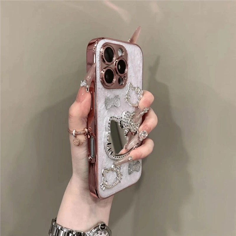 Sparkly 3D Kitty Mirror Phone Case – Glitter Bling Rhinestone Protective Cover for iPhone – Cute Pink Cat Design for Girls & Teens