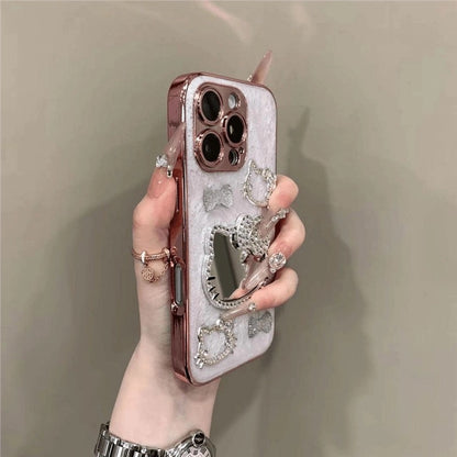 Sparkly 3D Kitty Mirror Phone Case – Glitter Bling Rhinestone Protective Cover for iPhone – Cute Pink Cat Design for Girls & Teens