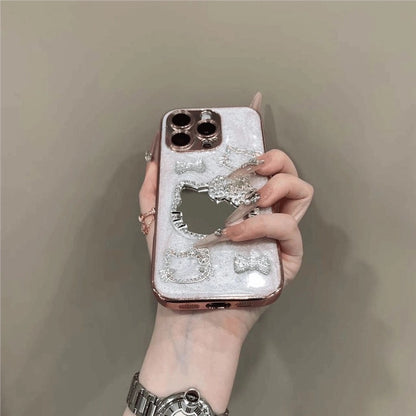 Sparkly 3D Kitty Mirror Phone Case – Glitter Bling Rhinestone Protective Cover for iPhone – Cute Pink Cat Design for Girls & Teens