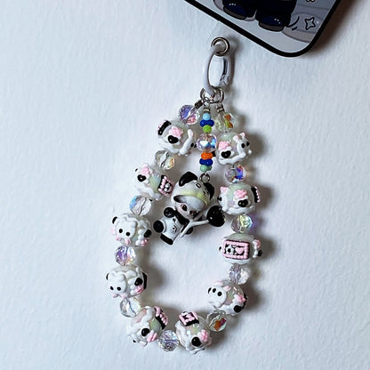 Handmade Kawaii Panda Dimo Beaded Keychain – Cute Black & White Doll Charm with Pink Details – Crystal Beads Phone Strap & Bag Accessory