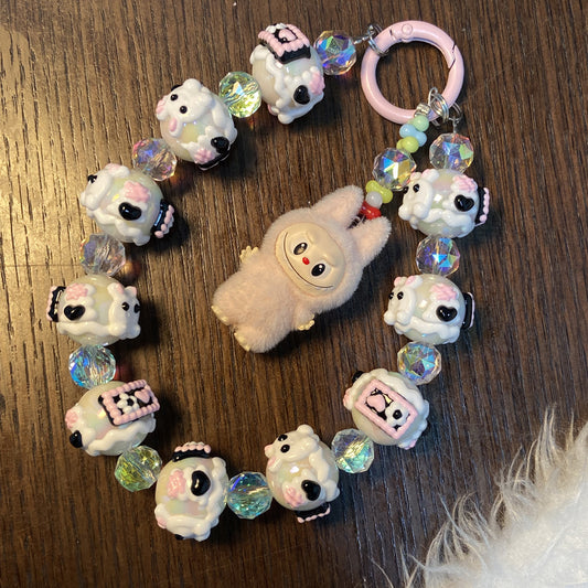 Kawaii Labubu Plush Charm Phone Strap – Handmade Beaded Keychain with Cute Dog Pendant & Glass Beads – Soft Girl Aesthetic Accessory