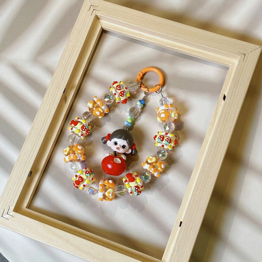 Cute Handmade Candy Beaded Keychain – Adorable Girl with Red Apple Charm Phone Chain – Colorful Beads Mobile Strap – Unique Bag Accessory & Gift for Teens
