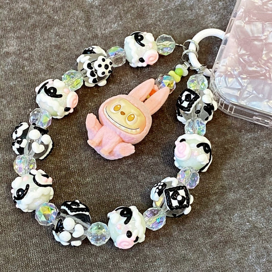 Kawaii Pink Labubu Plush Rabbit Charm Keychain – Handmade Black & White Beaded Phone Strap – Cute Soft Girl Bag Accessory & Gift
