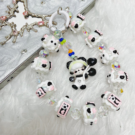 Handmade Kawaii Panda Dimo Beaded Keychain – Cute Black & White Doll Charm with Pink Details – Crystal Beads Phone Strap & Bag Accessory