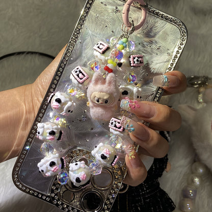 Kawaii Labubu Plush Charm Phone Strap – Handmade Beaded Keychain with Cute Dog Pendant & Glass Beads – Soft Girl Aesthetic Accessory