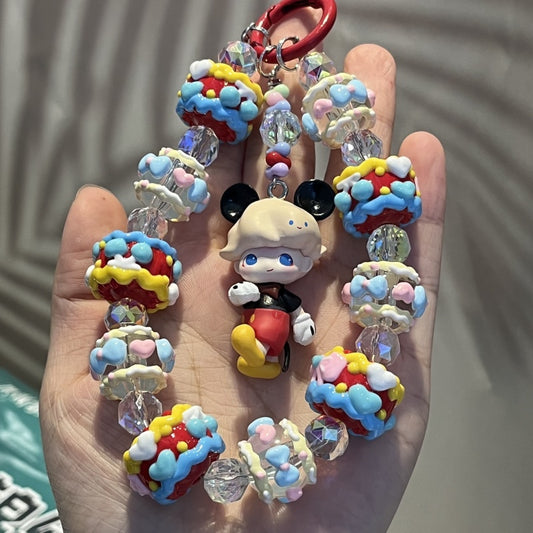 Dimoo Mickey Style Phone Strap – Handmade Cream Beaded Charm with Cute Cartoon Doll & Crystal Beads – Kawaii Bag Accessory & Toy Gift